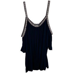 Rose‎ Heart Plus Size 3X Top Cold Shoulder Navy Blue Embroidered Drape 1353